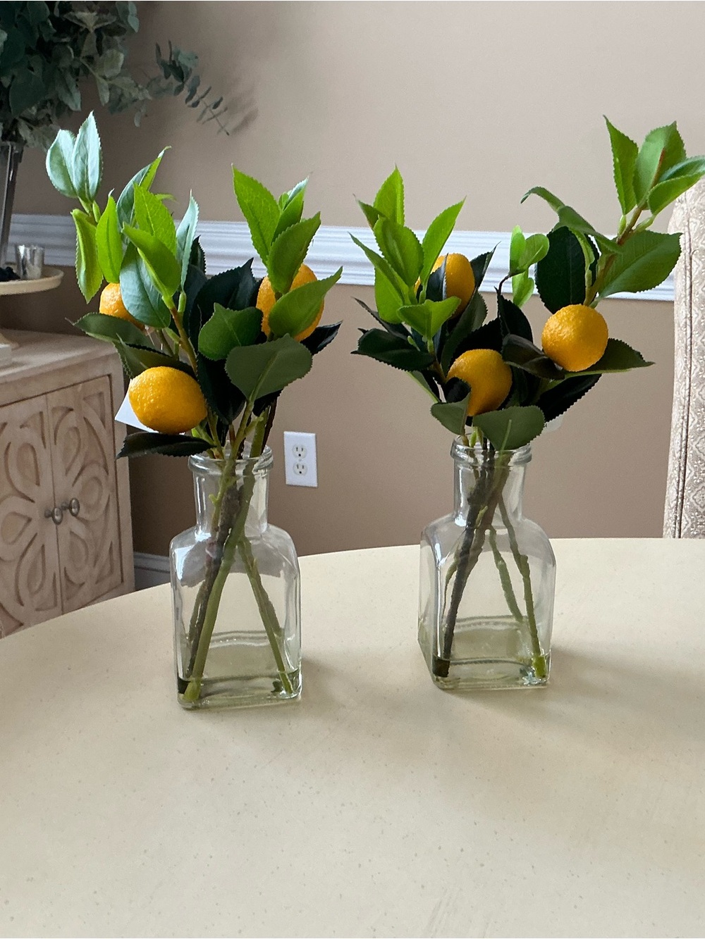 Two Artificial Lemon Tree Branches in Glass Vases Decor 🍋